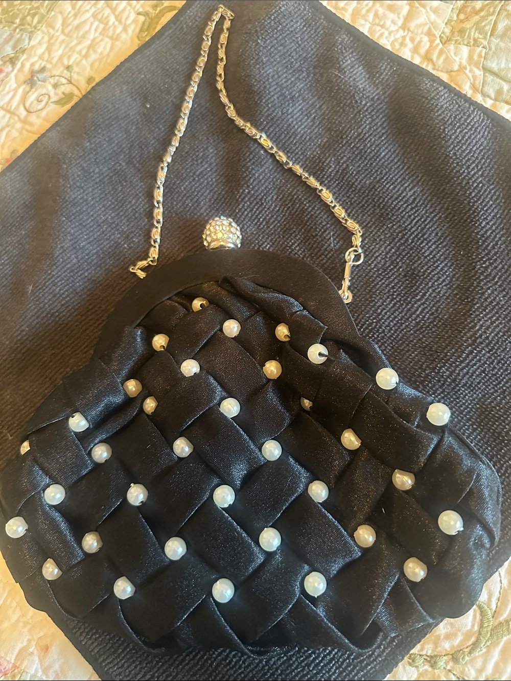 Elegant Black Pearl-Studded Evening Clutch - Unbranded